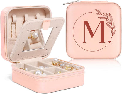 Personalized Jewelry Box, Pink Travel Jewelry Box with Initial M, Small Monogrammed Jewelry Case Organizer for Girls Women Teen Kids, Mini Travel Essentials Gifts for Birthday Christmas