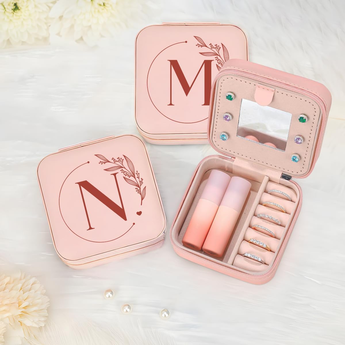 Personalized Jewelry Box, Pink Travel Jewelry Box with Initial M, Small Monogrammed Jewelry Case Organizer for Girls Women Teen Kids, Mini Travel Essentials Gifts for Birthday Christmas