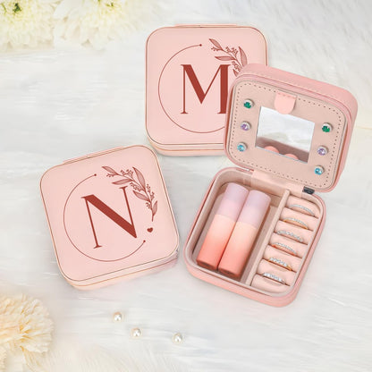 Personalized Jewelry Box, Pink Travel Jewelry Box with Initial M, Small Monogrammed Jewelry Case Organizer for Girls Women Teen Kids, Mini Travel Essentials Gifts for Birthday Christmas