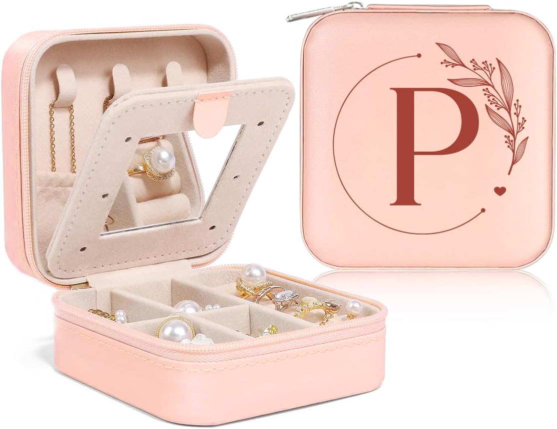 Personalized Jewelry Box, Pink Travel Jewelry Box with Initial M, Small Monogrammed Jewelry Case Organizer for Girls Women Teen Kids, Mini Travel Essentials Gifts for Birthday Christmas