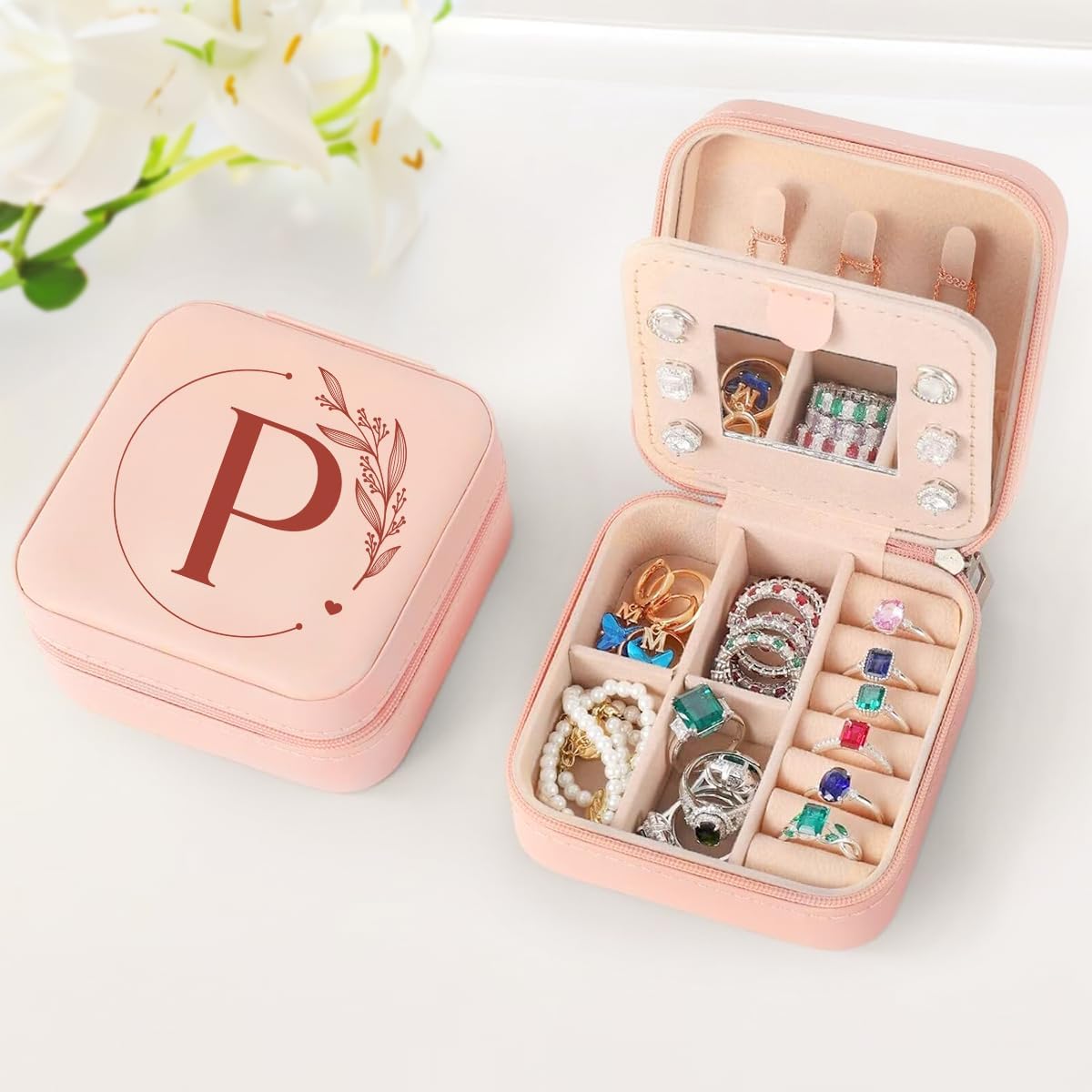 Personalized Jewelry Box, Pink Travel Jewelry Box with Initial M, Small Monogrammed Jewelry Case Organizer for Girls Women Teen Kids, Mini Travel Essentials Gifts for Birthday Christmas