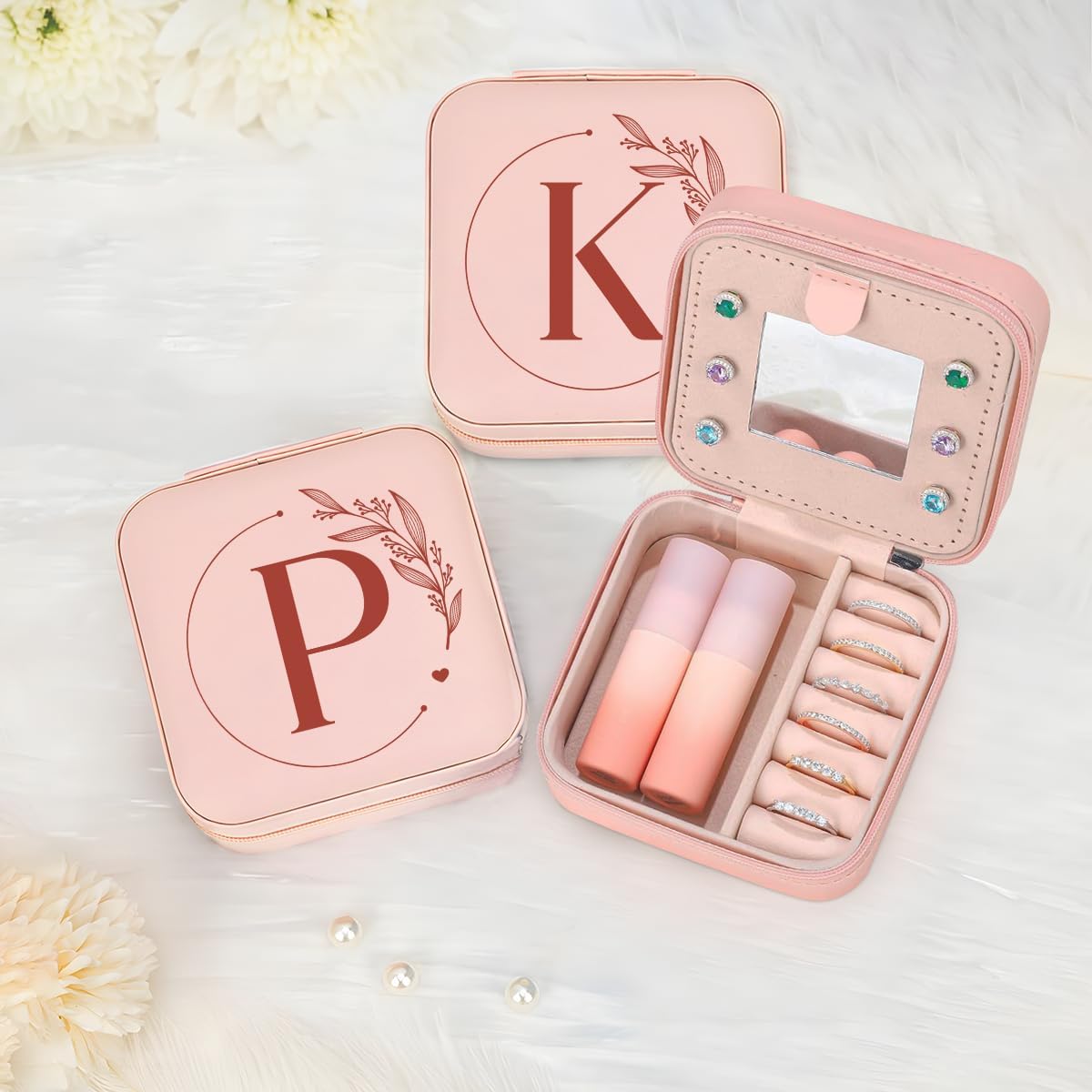 Personalized Jewelry Box, Pink Travel Jewelry Box with Initial M, Small Monogrammed Jewelry Case Organizer for Girls Women Teen Kids, Mini Travel Essentials Gifts for Birthday Christmas