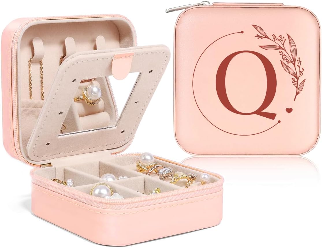 Personalized Jewelry Box, Pink Travel Jewelry Box with Initial M, Small Monogrammed Jewelry Case Organizer for Girls Women Teen Kids, Mini Travel Essentials Gifts for Birthday Christmas