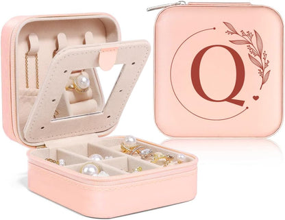 Personalized Jewelry Box, Pink Travel Jewelry Box with Initial M, Small Monogrammed Jewelry Case Organizer for Girls Women Teen Kids, Mini Travel Essentials Gifts for Birthday Christmas