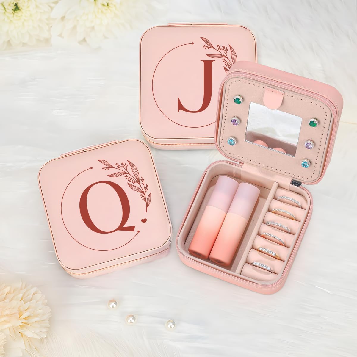Personalized Jewelry Box, Pink Travel Jewelry Box with Initial M, Small Monogrammed Jewelry Case Organizer for Girls Women Teen Kids, Mini Travel Essentials Gifts for Birthday Christmas