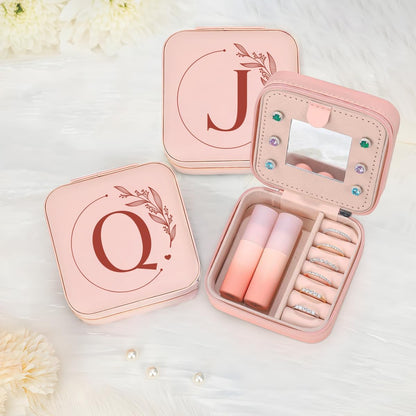Personalized Jewelry Box, Pink Travel Jewelry Box with Initial M, Small Monogrammed Jewelry Case Organizer for Girls Women Teen Kids, Mini Travel Essentials Gifts for Birthday Christmas