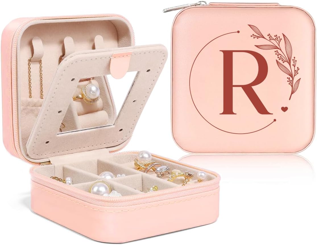 Personalized Jewelry Box, Pink Travel Jewelry Box with Initial M, Small Monogrammed Jewelry Case Organizer for Girls Women Teen Kids, Mini Travel Essentials Gifts for Birthday Christmas