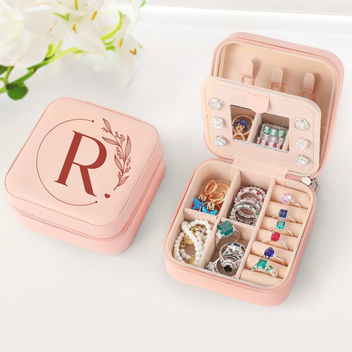 Personalized Jewelry Box, Pink Travel Jewelry Box with Initial M, Small Monogrammed Jewelry Case Organizer for Girls Women Teen Kids, Mini Travel Essentials Gifts for Birthday Christmas