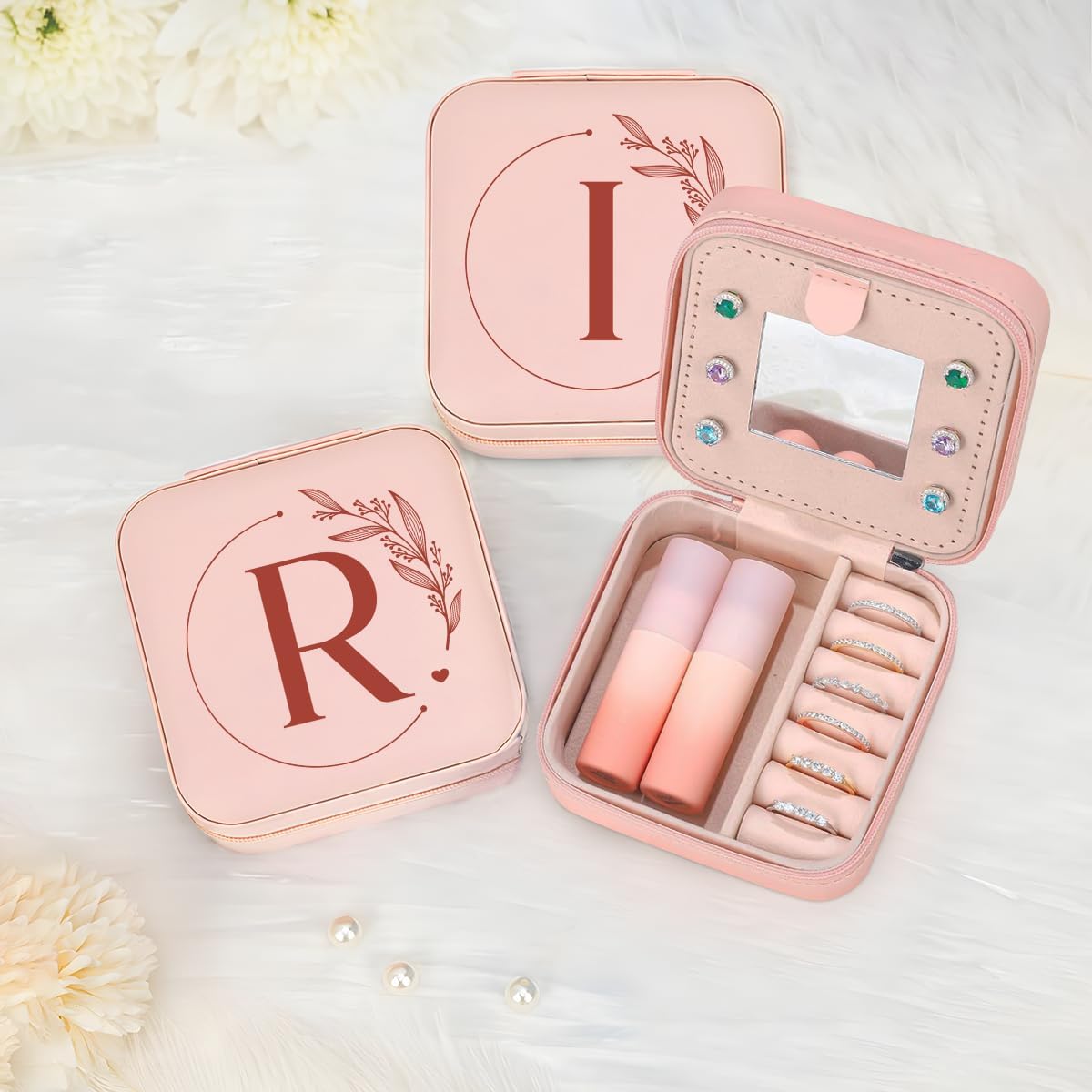 Personalized Jewelry Box, Pink Travel Jewelry Box with Initial M, Small Monogrammed Jewelry Case Organizer for Girls Women Teen Kids, Mini Travel Essentials Gifts for Birthday Christmas