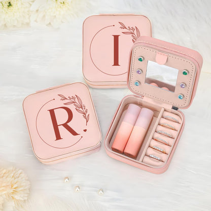 Personalized Jewelry Box, Pink Travel Jewelry Box with Initial M, Small Monogrammed Jewelry Case Organizer for Girls Women Teen Kids, Mini Travel Essentials Gifts for Birthday Christmas
