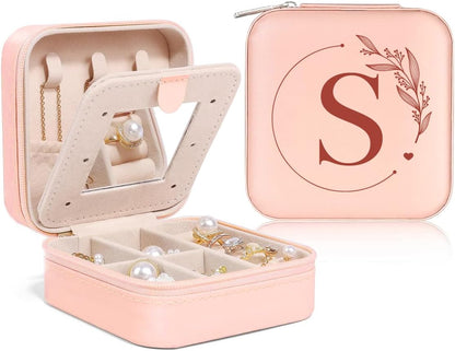 Personalized Jewelry Box, Pink Travel Jewelry Box with Initial M, Small Monogrammed Jewelry Case Organizer for Girls Women Teen Kids, Mini Travel Essentials Gifts for Birthday Christmas
