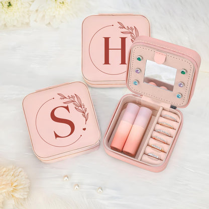 Personalized Jewelry Box, Pink Travel Jewelry Box with Initial M, Small Monogrammed Jewelry Case Organizer for Girls Women Teen Kids, Mini Travel Essentials Gifts for Birthday Christmas