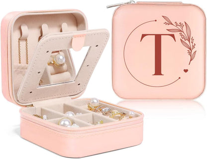 Personalized Jewelry Box, Pink Travel Jewelry Box with Initial M, Small Monogrammed Jewelry Case Organizer for Girls Women Teen Kids, Mini Travel Essentials Gifts for Birthday Christmas