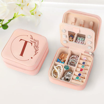 Personalized Jewelry Box, Pink Travel Jewelry Box with Initial M, Small Monogrammed Jewelry Case Organizer for Girls Women Teen Kids, Mini Travel Essentials Gifts for Birthday Christmas