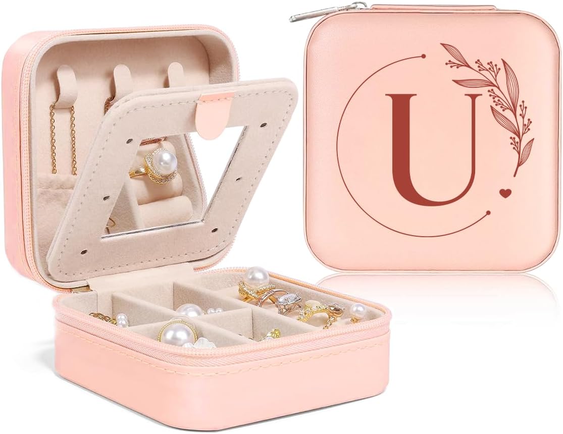 Personalized Jewelry Box, Pink Travel Jewelry Box with Initial M, Small Monogrammed Jewelry Case Organizer for Girls Women Teen Kids, Mini Travel Essentials Gifts for Birthday Christmas