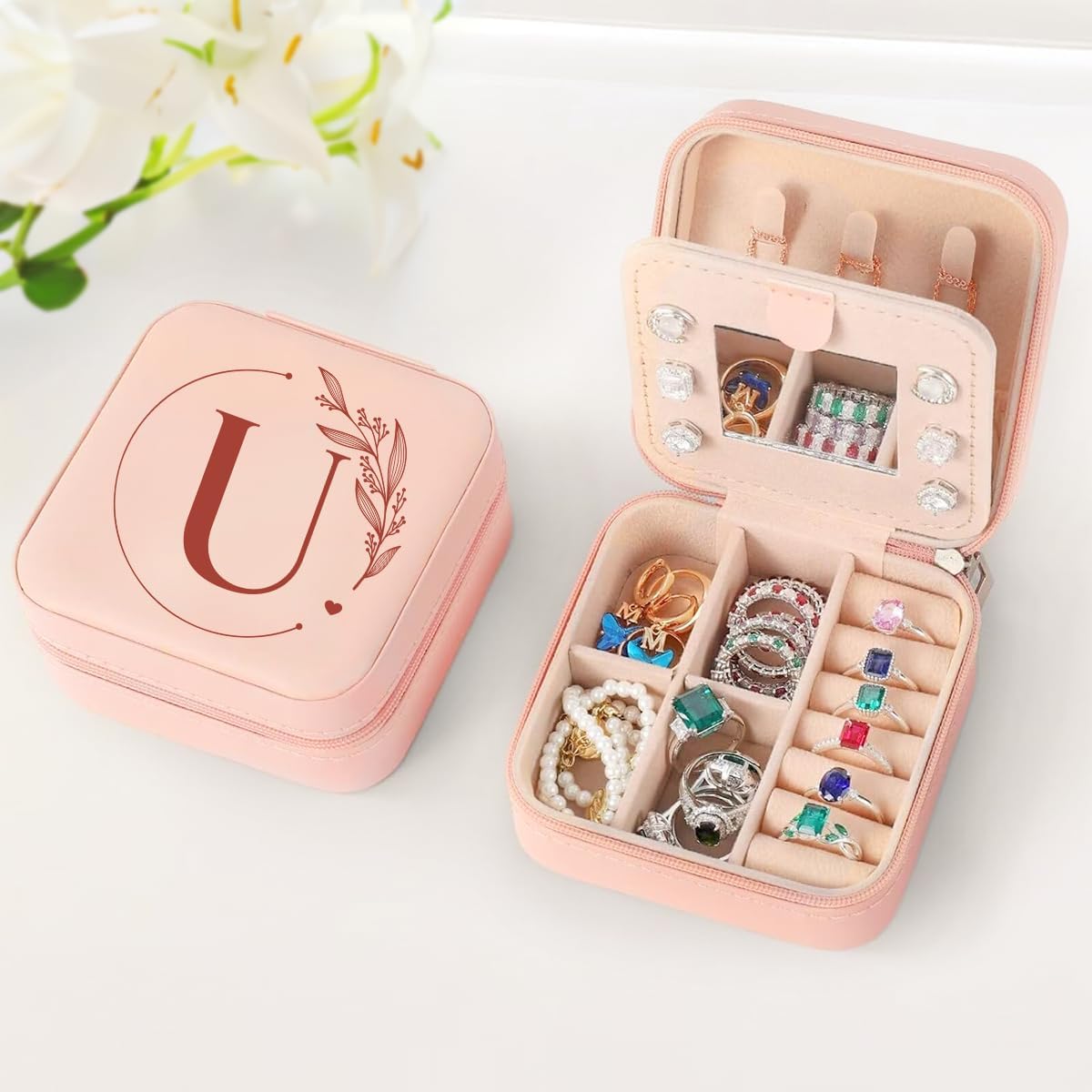 Personalized Jewelry Box, Pink Travel Jewelry Box with Initial M, Small Monogrammed Jewelry Case Organizer for Girls Women Teen Kids, Mini Travel Essentials Gifts for Birthday Christmas