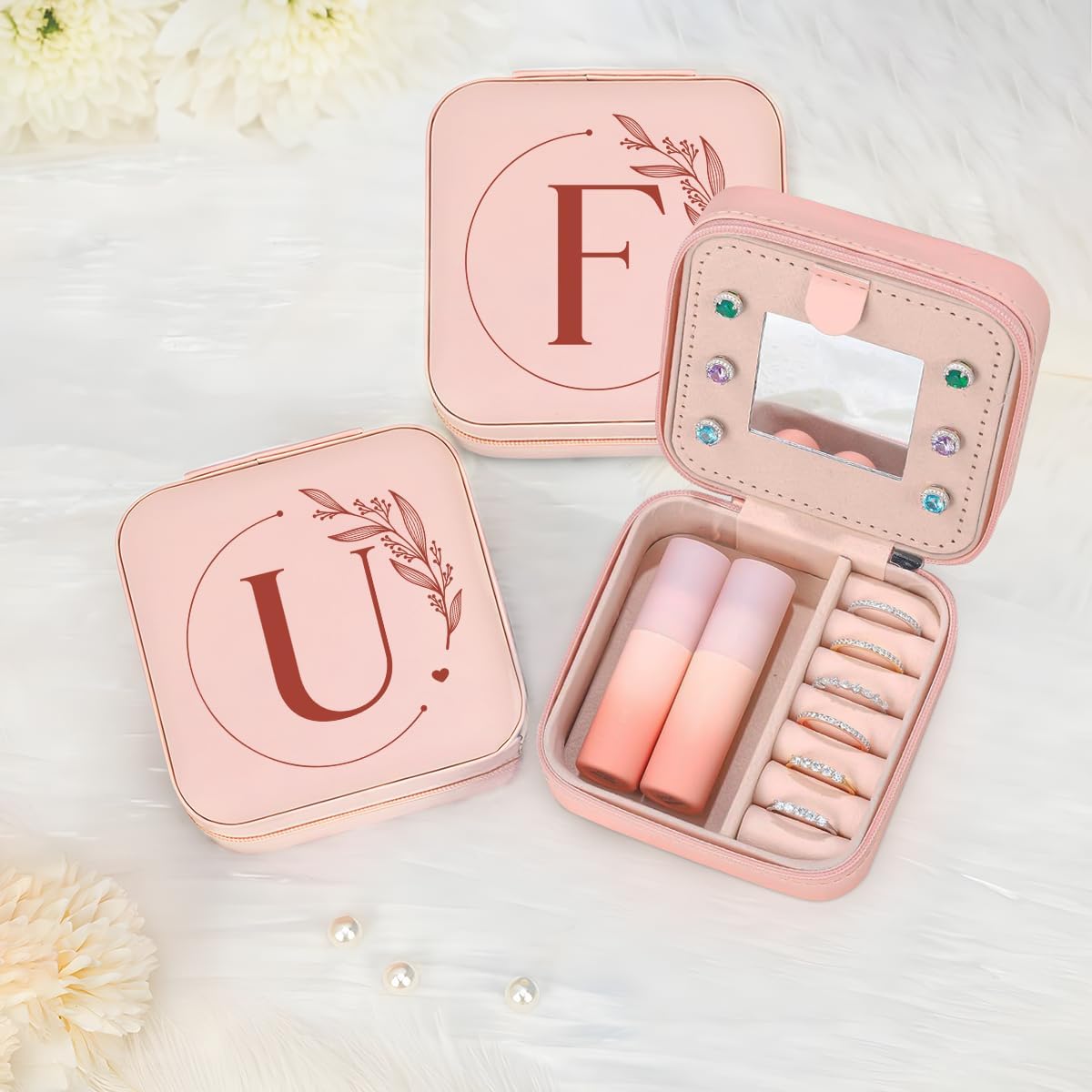 Personalized Jewelry Box, Pink Travel Jewelry Box with Initial M, Small Monogrammed Jewelry Case Organizer for Girls Women Teen Kids, Mini Travel Essentials Gifts for Birthday Christmas