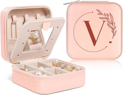 Personalized Jewelry Box, Pink Travel Jewelry Box with Initial M, Small Monogrammed Jewelry Case Organizer for Girls Women Teen Kids, Mini Travel Essentials Gifts for Birthday Christmas
