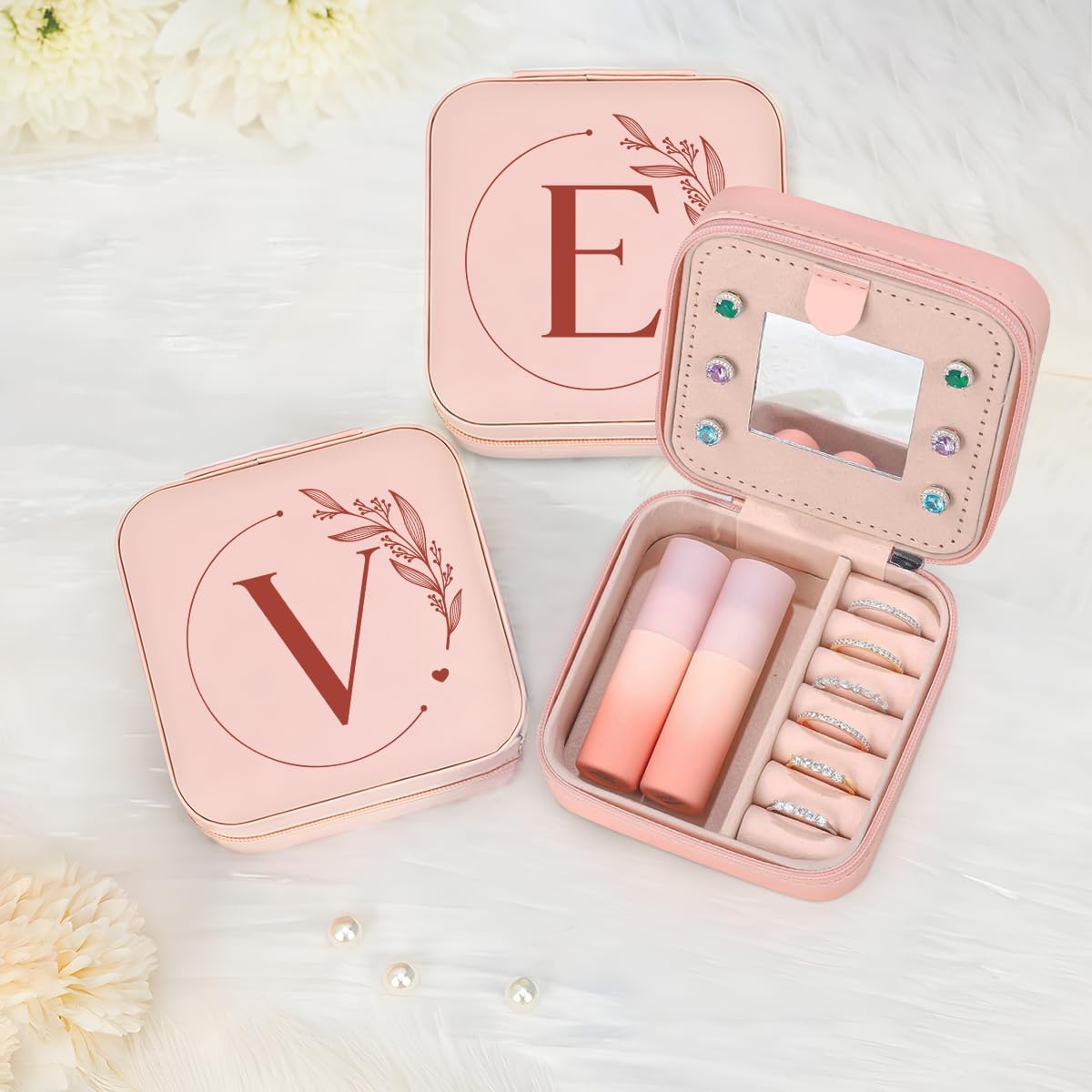 Personalized Jewelry Box, Pink Travel Jewelry Box with Initial M, Small Monogrammed Jewelry Case Organizer for Girls Women Teen Kids, Mini Travel Essentials Gifts for Birthday Christmas