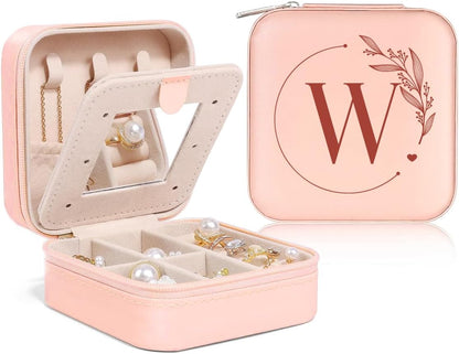Personalized Jewelry Box, Pink Travel Jewelry Box with Initial M, Small Monogrammed Jewelry Case Organizer for Girls Women Teen Kids, Mini Travel Essentials Gifts for Birthday Christmas