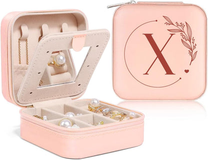 Personalized Jewelry Box, Pink Travel Jewelry Box with Initial M, Small Monogrammed Jewelry Case Organizer for Girls Women Teen Kids, Mini Travel Essentials Gifts for Birthday Christmas