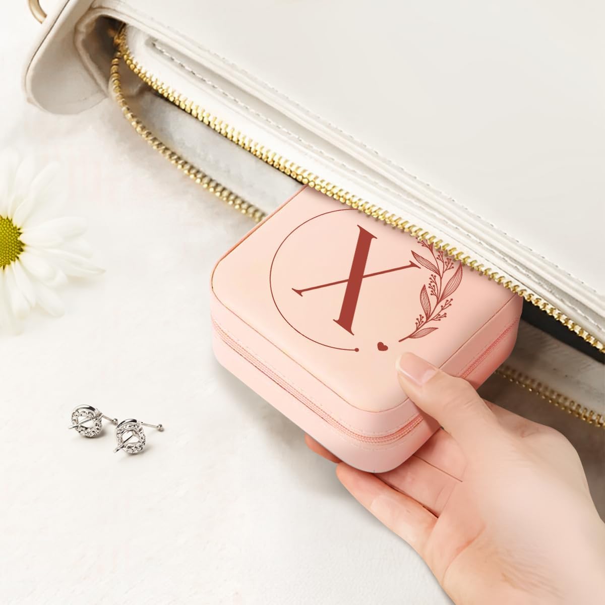 Personalized Jewelry Box, Pink Travel Jewelry Box with Initial M, Small Monogrammed Jewelry Case Organizer for Girls Women Teen Kids, Mini Travel Essentials Gifts for Birthday Christmas