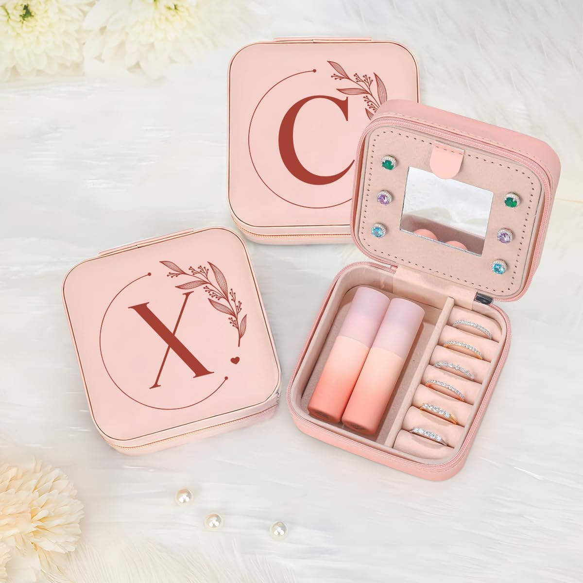 Personalized Jewelry Box, Pink Travel Jewelry Box with Initial M, Small Monogrammed Jewelry Case Organizer for Girls Women Teen Kids, Mini Travel Essentials Gifts for Birthday Christmas