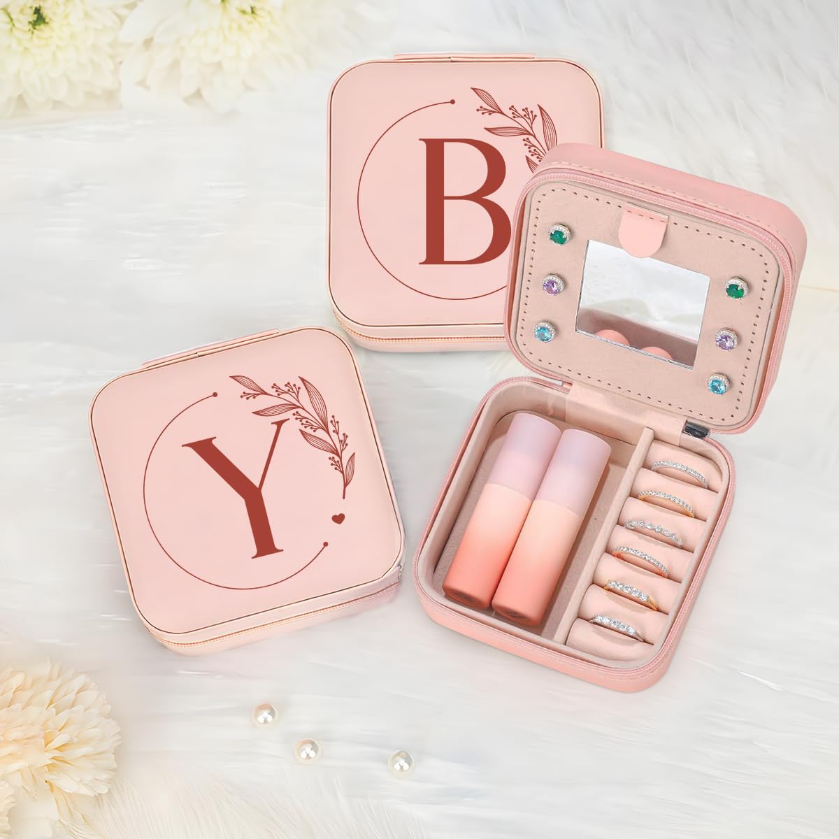 Personalized Jewelry Box, Pink Travel Jewelry Box with Initial M, Small Monogrammed Jewelry Case Organizer for Girls Women Teen Kids, Mini Travel Essentials Gifts for Birthday Christmas