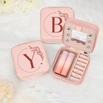 Personalized Jewelry Box, Pink Travel Jewelry Box with Initial M, Small Monogrammed Jewelry Case Organizer for Girls Women Teen Kids, Mini Travel Essentials Gifts for Birthday Christmas