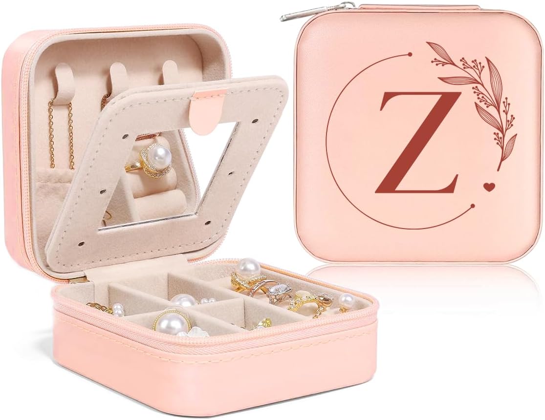 Personalized Jewelry Box, Pink Travel Jewelry Box with Initial M, Small Monogrammed Jewelry Case Organizer for Girls Women Teen Kids, Mini Travel Essentials Gifts for Birthday Christmas