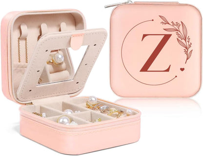 Personalized Jewelry Box, Pink Travel Jewelry Box with Initial M, Small Monogrammed Jewelry Case Organizer for Girls Women Teen Kids, Mini Travel Essentials Gifts for Birthday Christmas