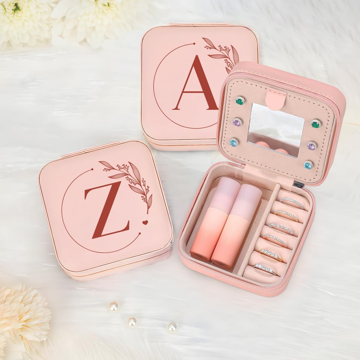 Personalized Jewelry Box, Pink Travel Jewelry Box with Initial M, Small Monogrammed Jewelry Case Organizer for Girls Women Teen Kids, Mini Travel Essentials Gifts for Birthday Christmas