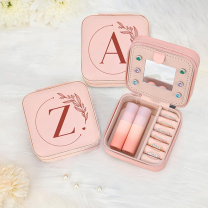 Personalized Jewelry Box, Pink Travel Jewelry Box with Initial M, Small Monogrammed Jewelry Case Organizer for Girls Women Teen Kids, Mini Travel Essentials Gifts for Birthday Christmas