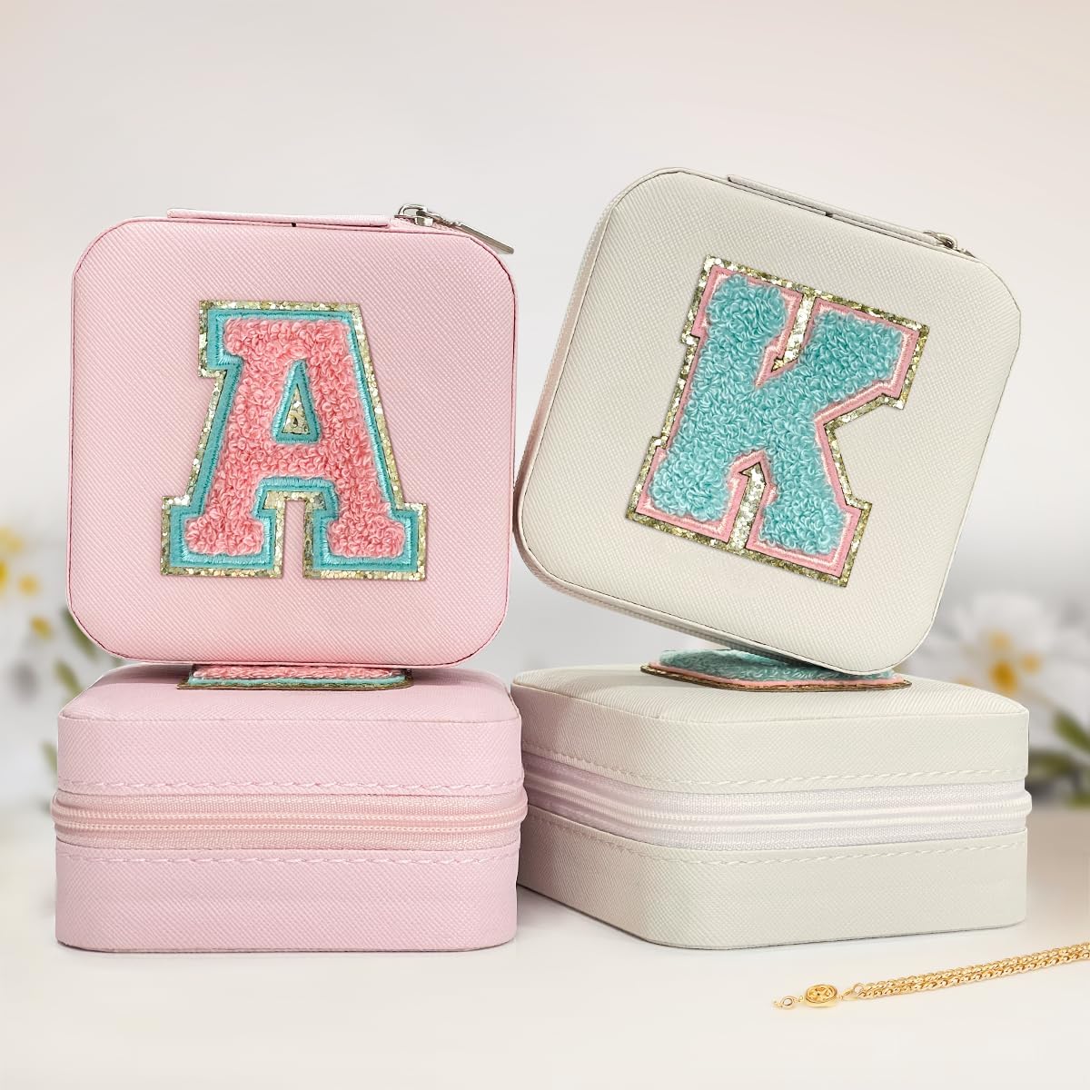 Personalized Jewelry Box, Pink Travel Jewelry Box with Initial M, Small Monogrammed Jewelry Case Organizer for Girls Women Teen Kids, Mini Travel Essentials Gifts for Birthday Christmas