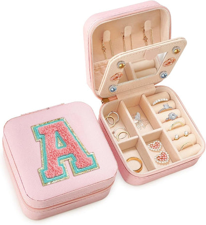 Personalized Jewelry Box, Pink Travel Jewelry Box with Initial M, Small Monogrammed Jewelry Case Organizer for Girls Women Teen Kids, Mini Travel Essentials Gifts for Birthday Christmas
