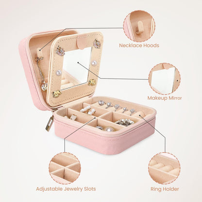 Personalized Jewelry Box, Pink Travel Jewelry Box with Initial M, Small Monogrammed Jewelry Case Organizer for Girls Women Teen Kids, Mini Travel Essentials Gifts for Birthday Christmas
