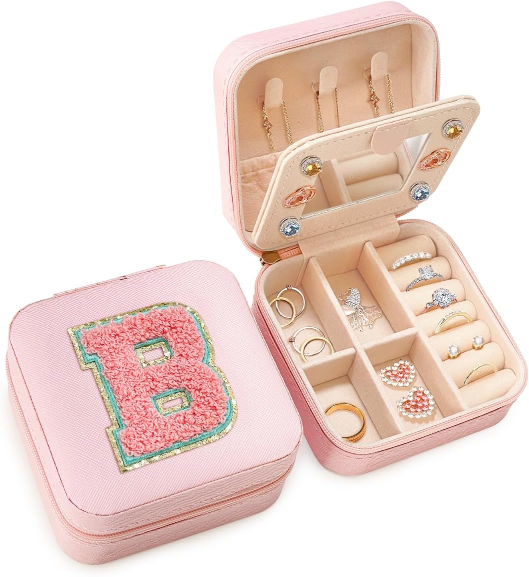 Personalized Jewelry Box, Pink Travel Jewelry Box with Initial M, Small Monogrammed Jewelry Case Organizer for Girls Women Teen Kids, Mini Travel Essentials Gifts for Birthday Christmas