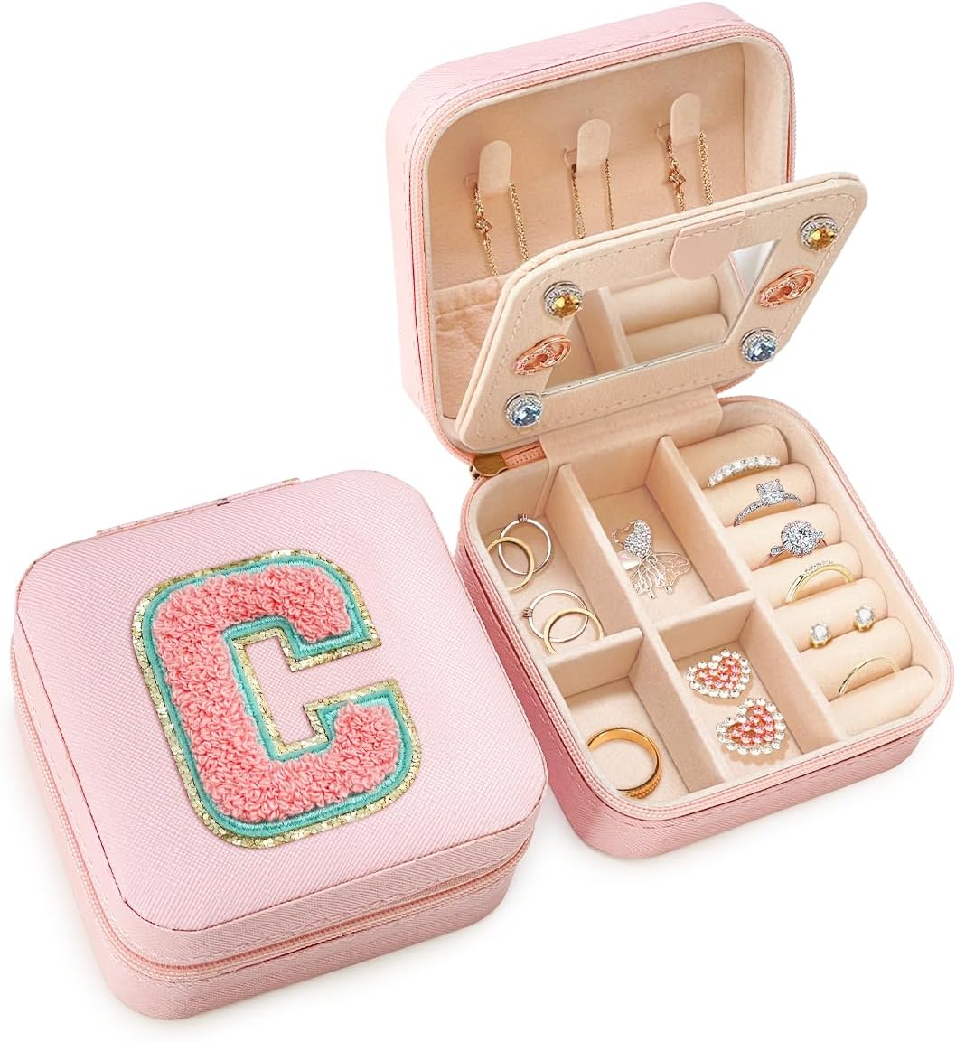 Personalized Jewelry Box, Pink Travel Jewelry Box with Initial M, Small Monogrammed Jewelry Case Organizer for Girls Women Teen Kids, Mini Travel Essentials Gifts for Birthday Christmas