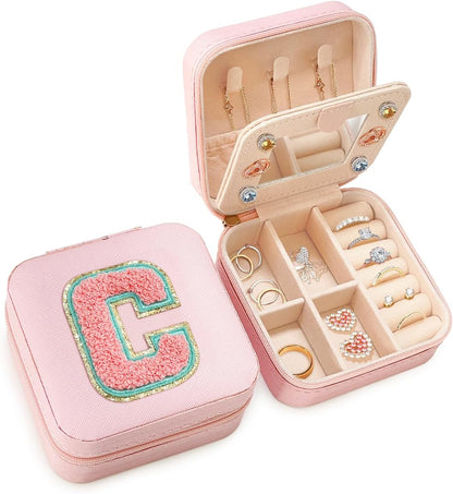 Personalized Jewelry Box, Pink Travel Jewelry Box with Initial M, Small Monogrammed Jewelry Case Organizer for Girls Women Teen Kids, Mini Travel Essentials Gifts for Birthday Christmas