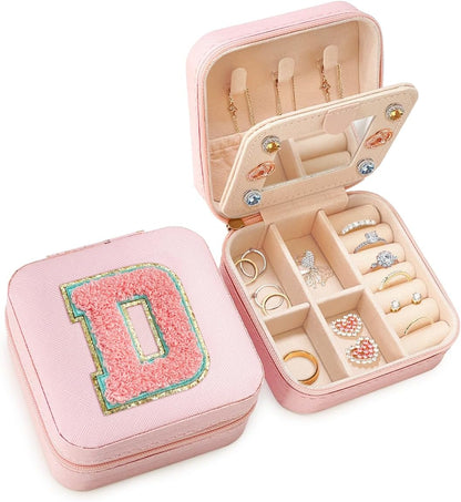 Personalized Jewelry Box, Pink Travel Jewelry Box with Initial M, Small Monogrammed Jewelry Case Organizer for Girls Women Teen Kids, Mini Travel Essentials Gifts for Birthday Christmas