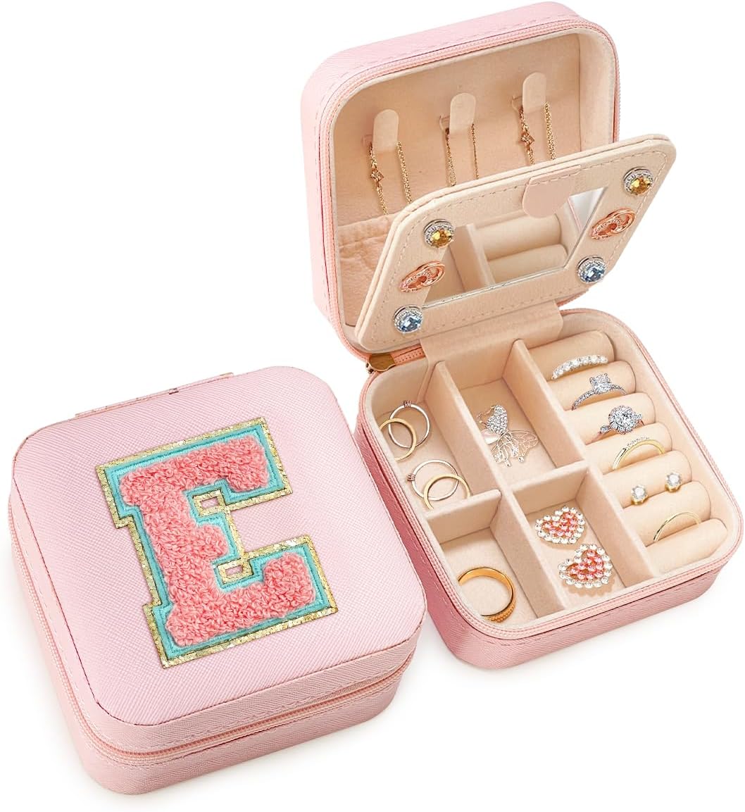 Personalized Jewelry Box, Pink Travel Jewelry Box with Initial M, Small Monogrammed Jewelry Case Organizer for Girls Women Teen Kids, Mini Travel Essentials Gifts for Birthday Christmas