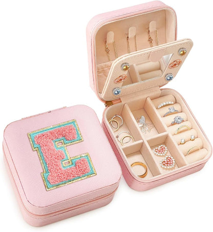 Personalized Jewelry Box, Pink Travel Jewelry Box with Initial M, Small Monogrammed Jewelry Case Organizer for Girls Women Teen Kids, Mini Travel Essentials Gifts for Birthday Christmas