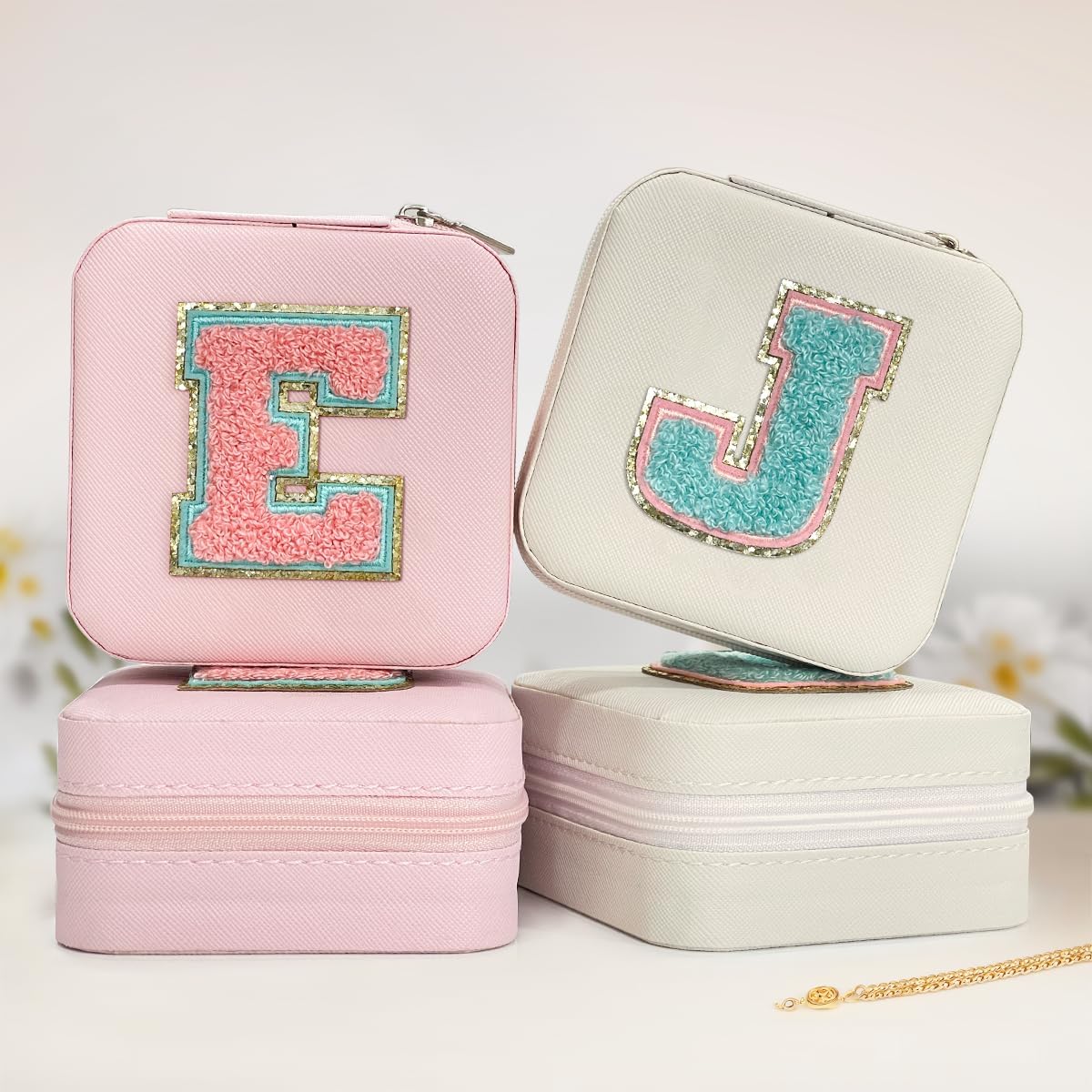 Personalized Jewelry Box, Pink Travel Jewelry Box with Initial M, Small Monogrammed Jewelry Case Organizer for Girls Women Teen Kids, Mini Travel Essentials Gifts for Birthday Christmas