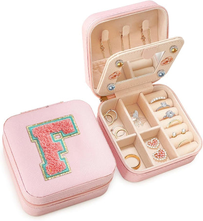 Personalized Jewelry Box, Pink Travel Jewelry Box with Initial M, Small Monogrammed Jewelry Case Organizer for Girls Women Teen Kids, Mini Travel Essentials Gifts for Birthday Christmas