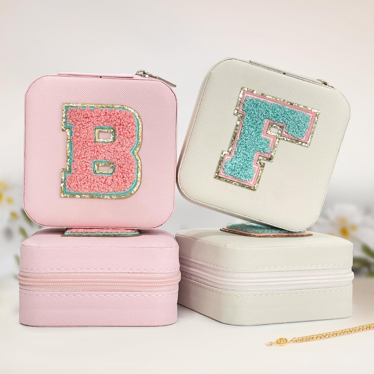 Personalized Jewelry Box, Pink Travel Jewelry Box with Initial M, Small Monogrammed Jewelry Case Organizer for Girls Women Teen Kids, Mini Travel Essentials Gifts for Birthday Christmas