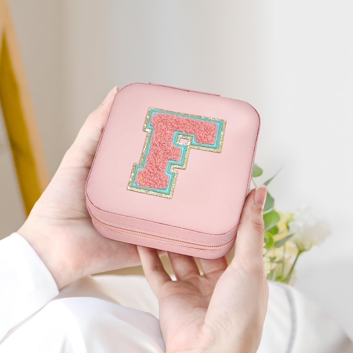 Personalized Jewelry Box, Pink Travel Jewelry Box with Initial M, Small Monogrammed Jewelry Case Organizer for Girls Women Teen Kids, Mini Travel Essentials Gifts for Birthday Christmas