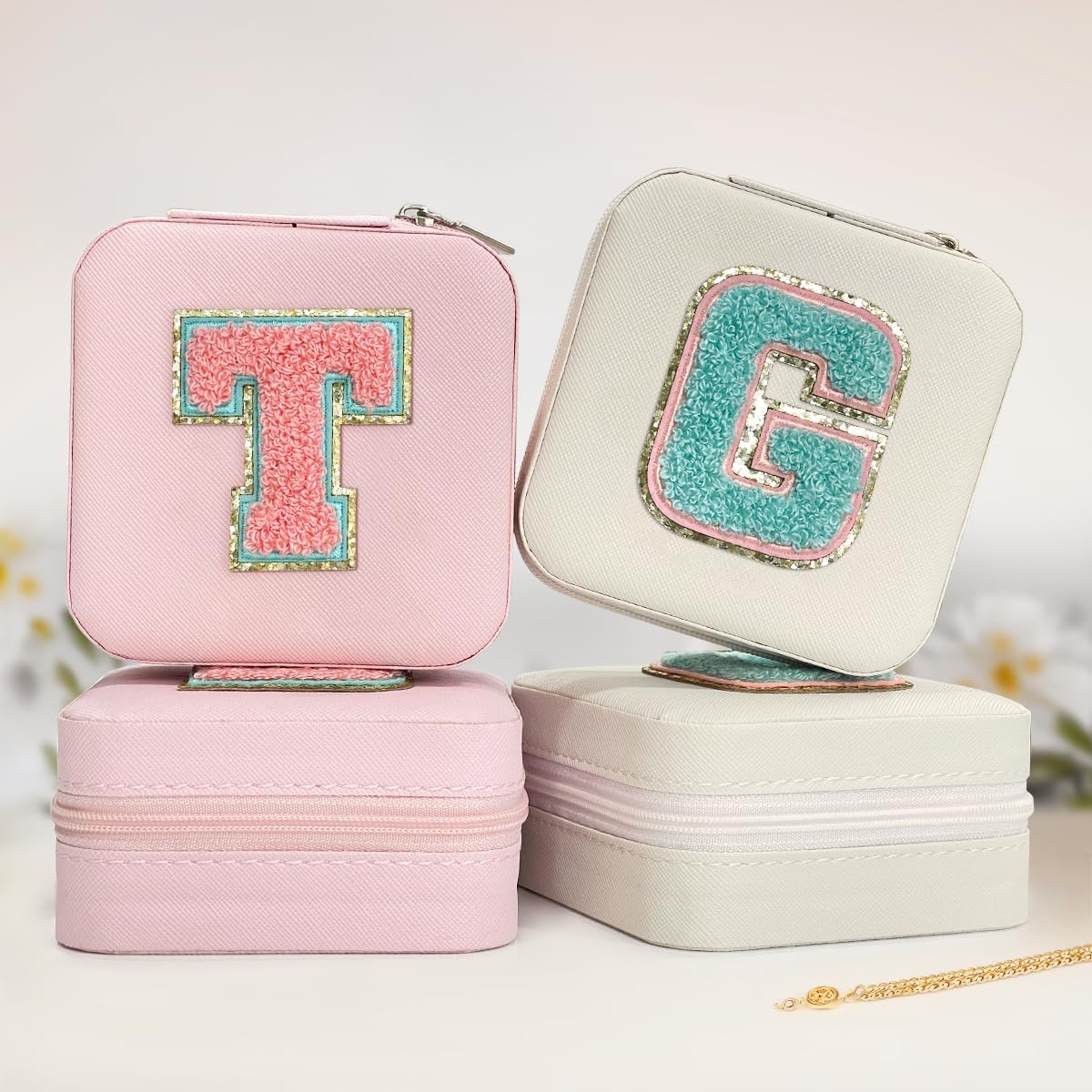 Personalized Jewelry Box, Pink Travel Jewelry Box with Initial M, Small Monogrammed Jewelry Case Organizer for Girls Women Teen Kids, Mini Travel Essentials Gifts for Birthday Christmas