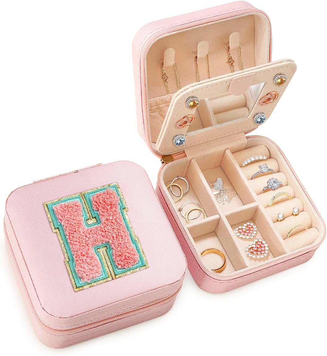 Personalized Jewelry Box, Pink Travel Jewelry Box with Initial M, Small Monogrammed Jewelry Case Organizer for Girls Women Teen Kids, Mini Travel Essentials Gifts for Birthday Christmas