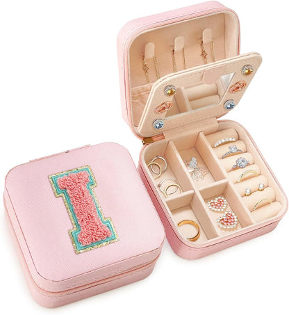 Personalized Jewelry Box, Pink Travel Jewelry Box with Initial M, Small Monogrammed Jewelry Case Organizer for Girls Women Teen Kids, Mini Travel Essentials Gifts for Birthday Christmas