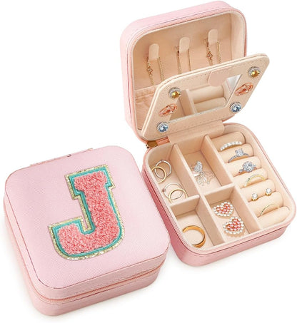 Personalized Jewelry Box, Pink Travel Jewelry Box with Initial M, Small Monogrammed Jewelry Case Organizer for Girls Women Teen Kids, Mini Travel Essentials Gifts for Birthday Christmas